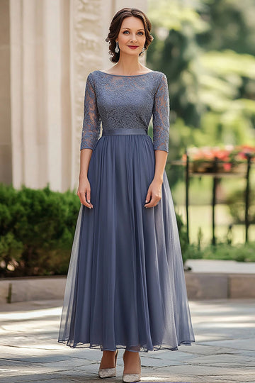 Dusty Blue Scoop Mousseline de soie dentelle demi-manches Mère de la mariée robe